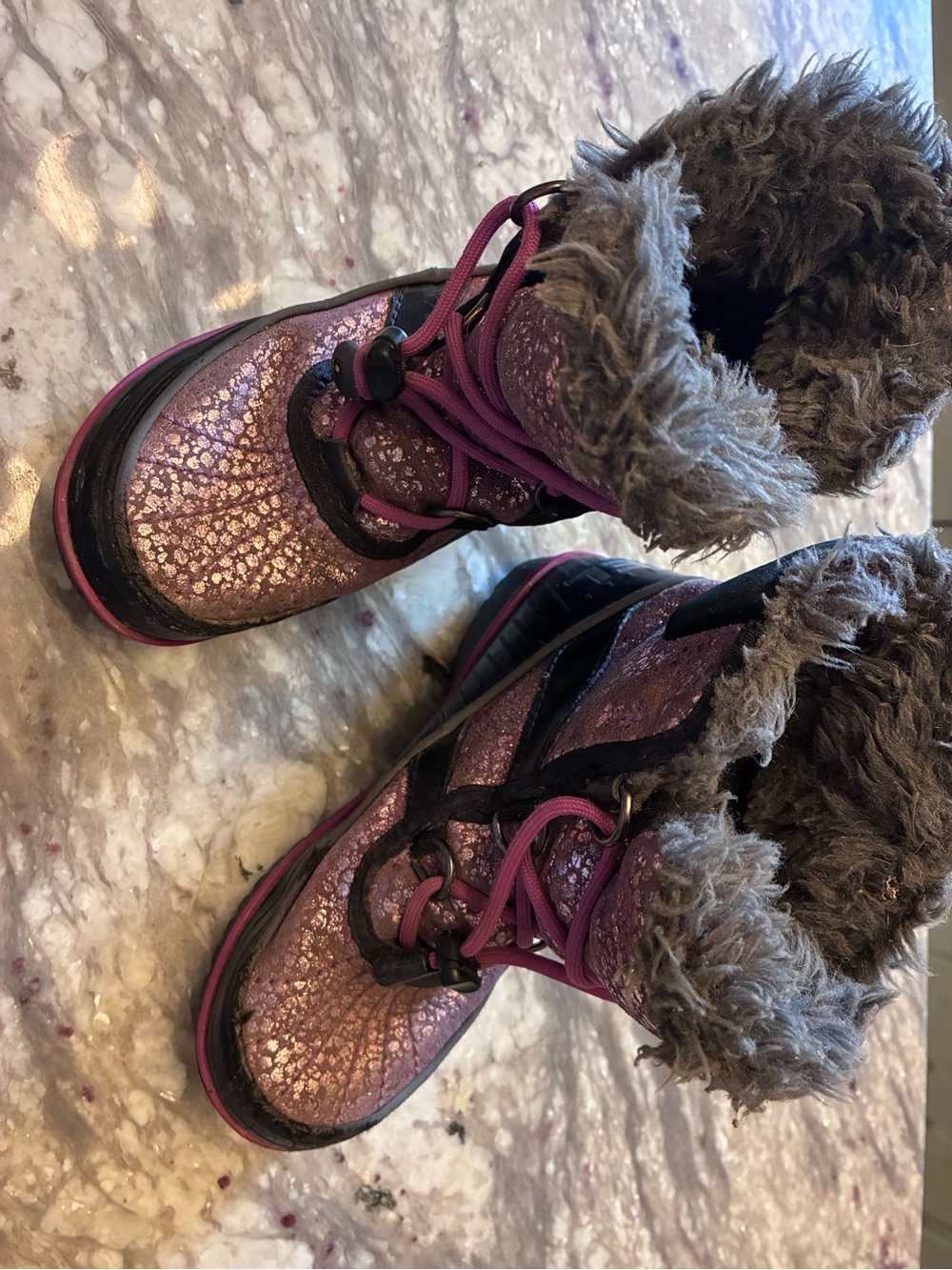 Sorel Tivoli Kids Fuscia Glitter Winter Boots with Gray Faux Fur